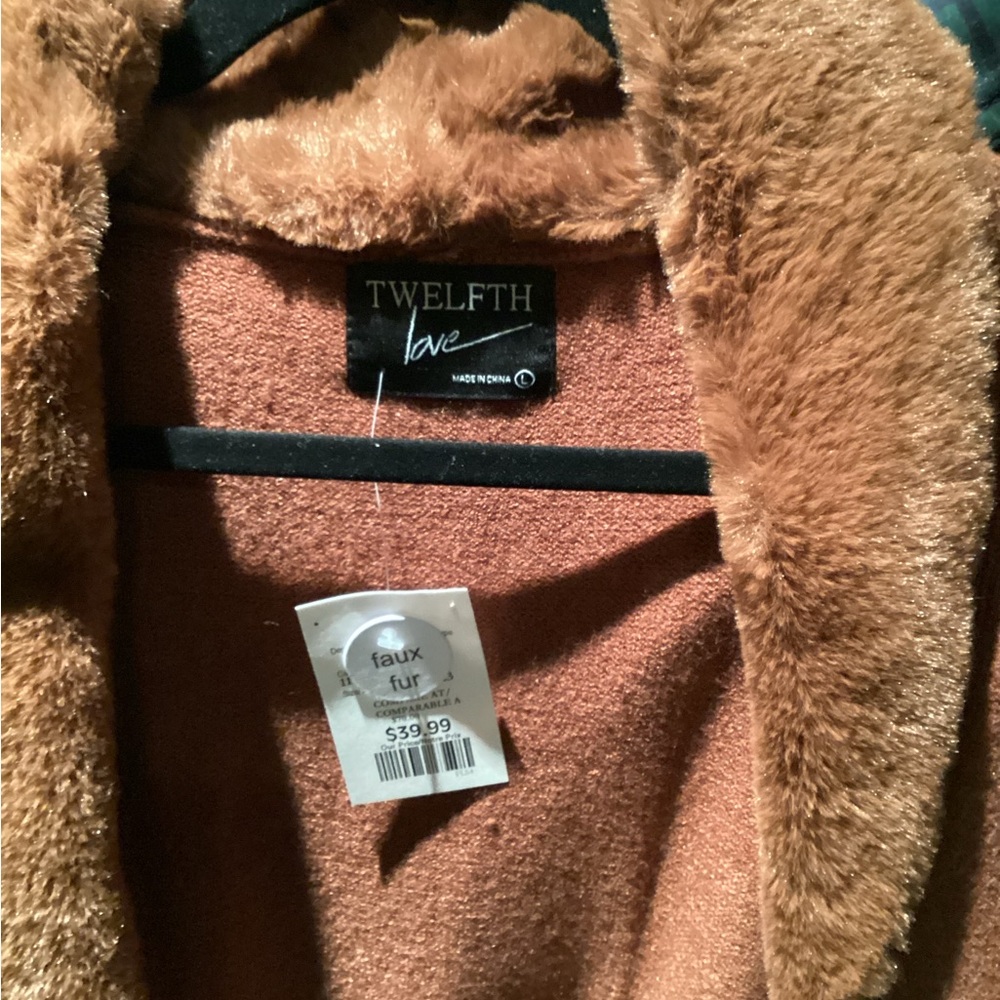 Twelfth Love Faux Fur Collar Rust Open Front Cardigan - Picture 2 of 2